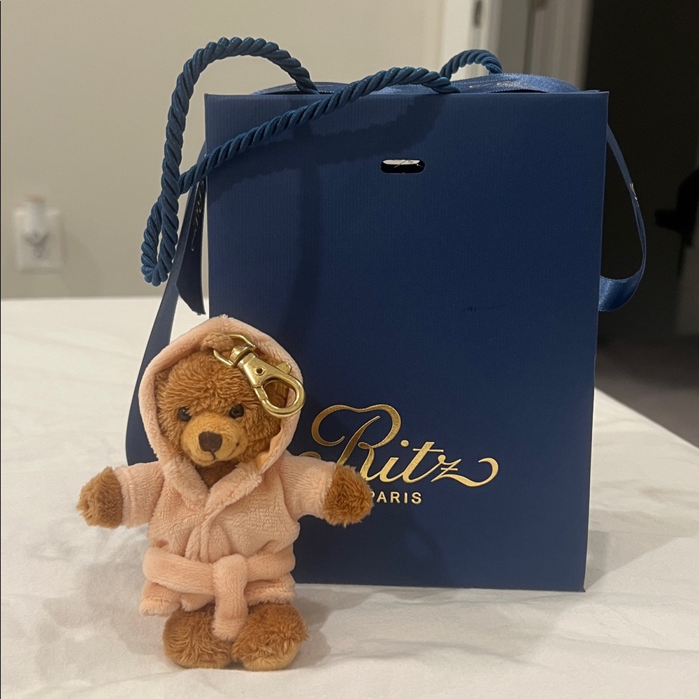 NEW Ritz Paris Spa Plush Bear Keychain in Light Brown with Pink Robe